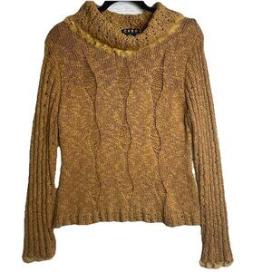 Cabo Silk Blend Cable‎ Knit Sweater Size M Faux Fur Trim Distressed Turtleneck